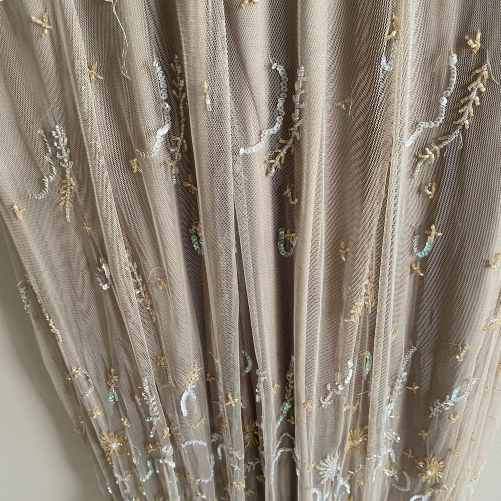 Vtg 90s‎ STENAY Slip Dress L Mesh Taupe Beaded Fairycorre Midi Evening Gown - Picture 10 of 11